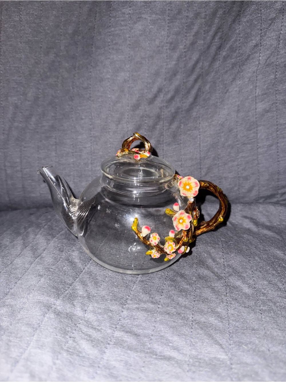 Clear Glass Teapot with Gold Branch Handle and Japanese Cherry Blossom Accents